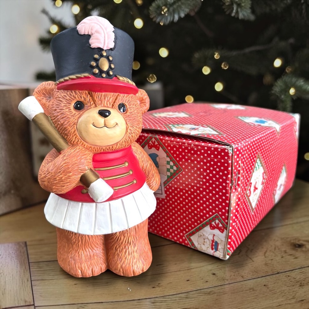 Vintage 1983 Enesco Lucy and Me Drum Major Teddy Bear Ceramic Coin Bank E9393(B)